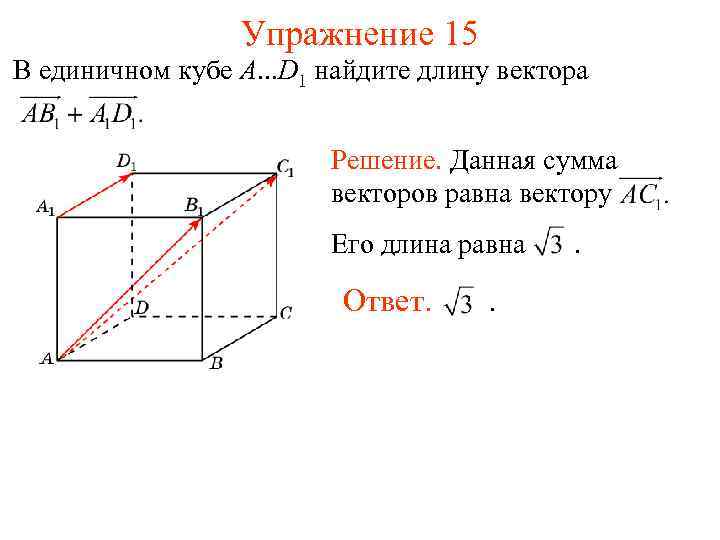 Упражнение 15 В единичном кубе A. . . D 1 найдите длину вектора Решение.