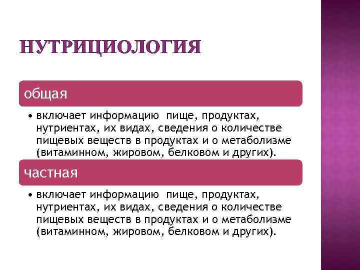 НУТРИЦИОЛОГИЯ общая • включает информацию пище, продуктах, нутриентах, их видах, сведения о количестве пищевых