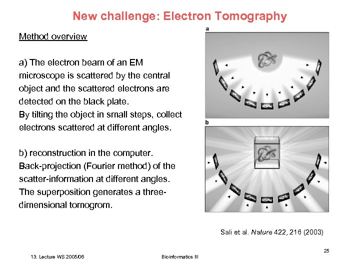 New challenge: Electron Tomography Method overview a) The electron beam of an EM microscope