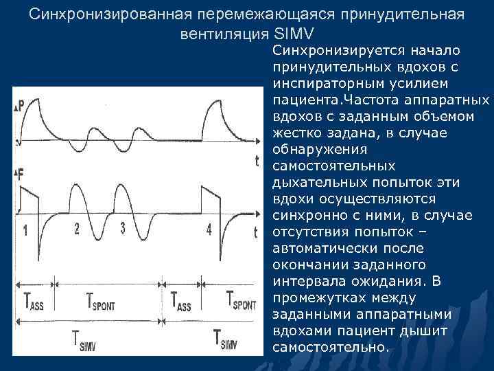 Синхронизированная перемежающаяся принудительная вентиляция SIMV Синхронизируется начало принудительных вдохов с инспираторным усилием пациента. Частота