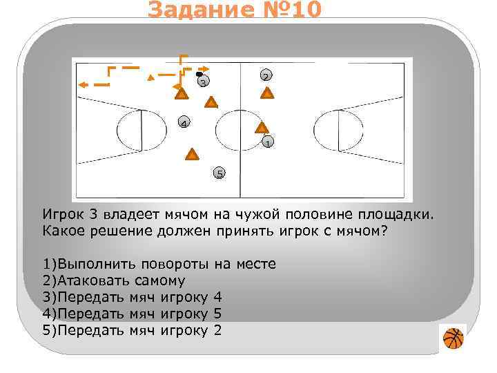Задание № 10 2 3 4 1 5 Игрок 3 владеет мячом на чужой