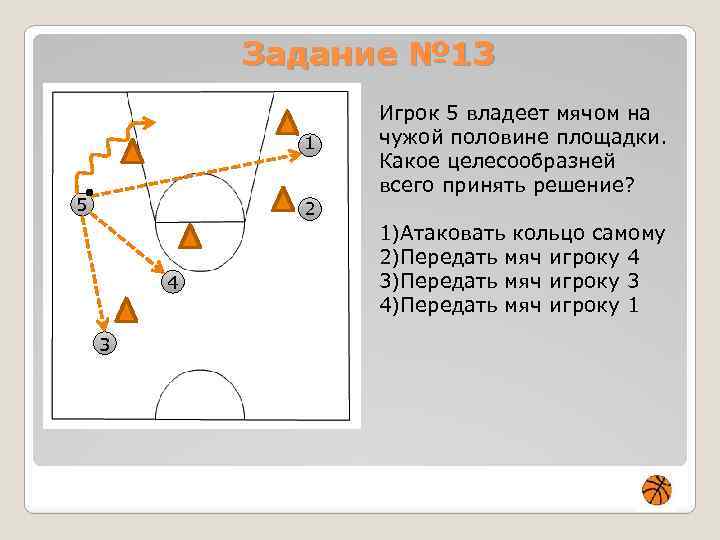 Задание № 13 1 5 Игрок 5 владеет мячом на чужой половине площадки. Какое