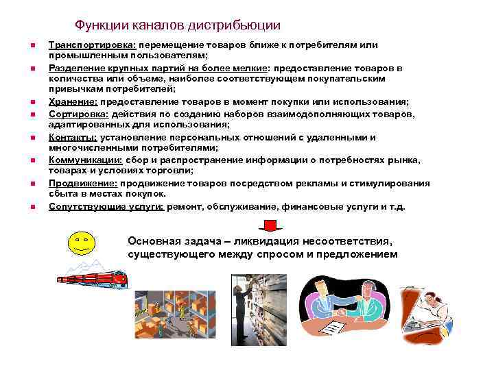 Функции каналов дистрибьюции n n n n Транспортировка: перемещение товаров ближе к потребителям или