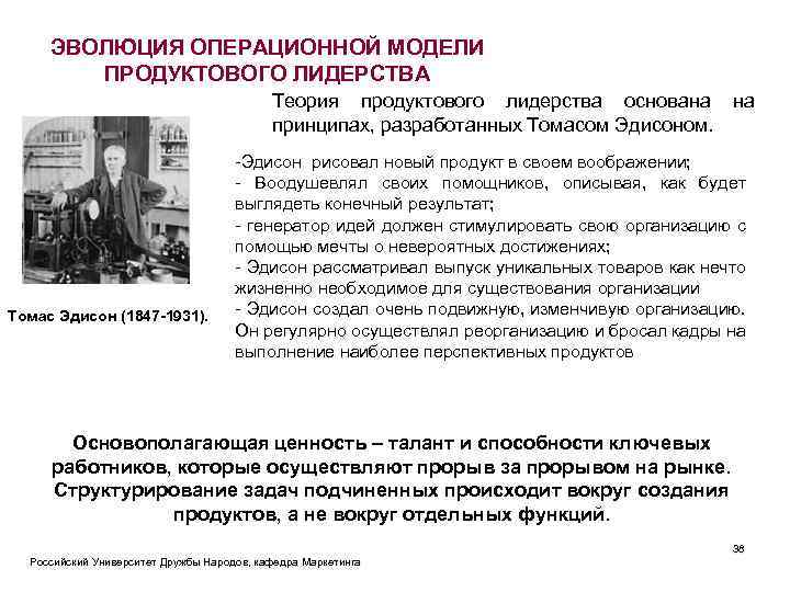 ЭВОЛЮЦИЯ ОПЕРАЦИОННОЙ МОДЕЛИ ПРОДУКТОВОГО ЛИДЕРСТВА Теория продуктового лидерства основана на принципах, разработанных Томасом Эдисоном.
