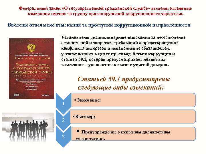 Федеральный закон «О государственной гражданской службе» введены отдельные взыскания именно за группу правонарушений коррупционного