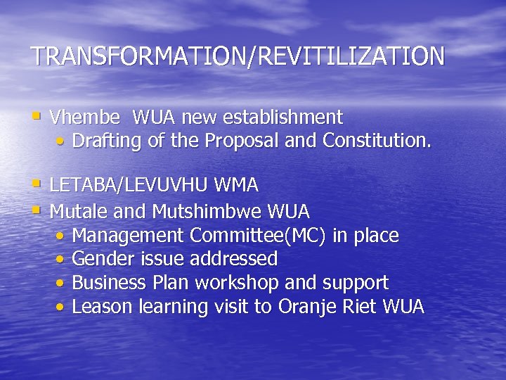 TRANSFORMATION/REVITILIZATION § Vhembe WUA new establishment • Drafting of the Proposal and Constitution. §