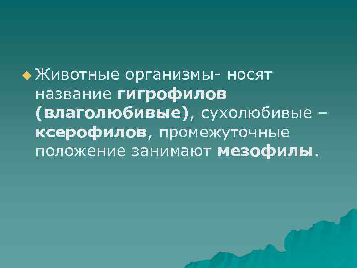 u Животные организмы- носят название гигрофилов (влаголюбивые), сухолюбивые – ксерофилов, промежуточные положение занимают мезофилы.