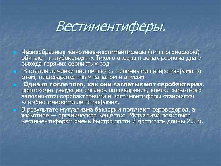Вестиментиферы. n n Червеобразные животные вестиментиферы (тип погонофоры) обитают в глубоководьях Тихого океана в