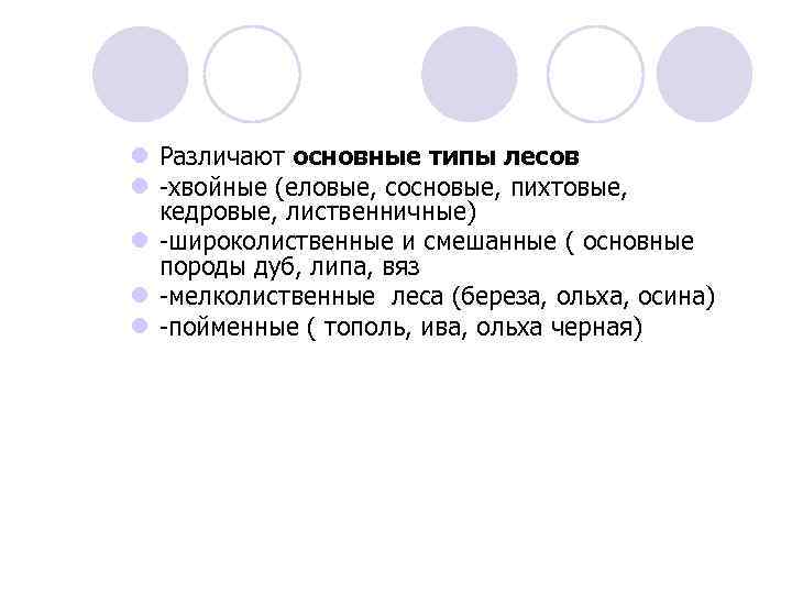 l Различают основные типы лесов l -хвойные (еловые, сосновые, пихтовые, кедровые, лиственничные) l -широколиственные