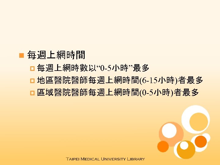 n 每週上網時間 p 每週上網時數以“ 0 -5小時”最多 p 地區醫院醫師每週上網時間(6 -15小時)者最多 p 區域醫院醫師每週上網時間(0 -5小時)者最多 