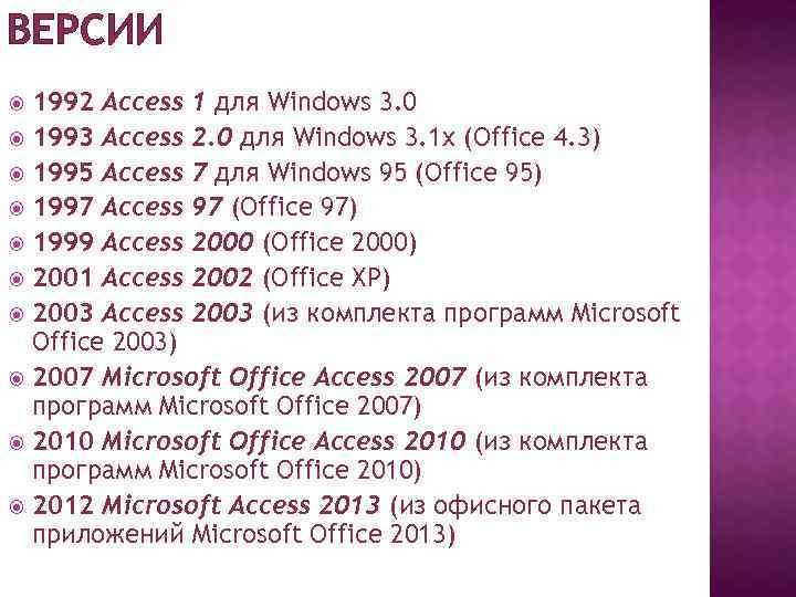 ВЕРСИИ 1992 Access 1 для Windows 3. 0 1993 Access 2. 0 для Windows