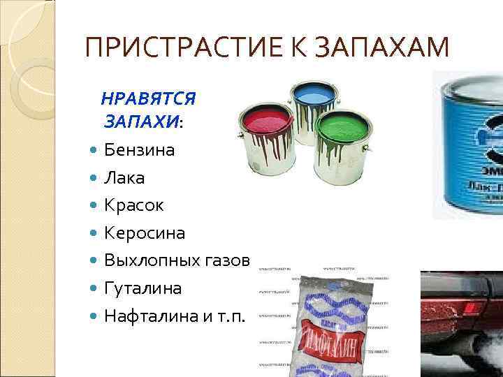 ПРИСТРАСТИЕ К ЗАПАХАМ НРАВЯТСЯ ЗАПАХИ: Бензина Лака Красок Керосина Выхлопных газов Гуталина Нафталина и