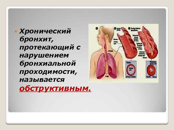  Хронический бронхит, протекающий с нарушением бронхиальной проходимости, называется обструктивным. 