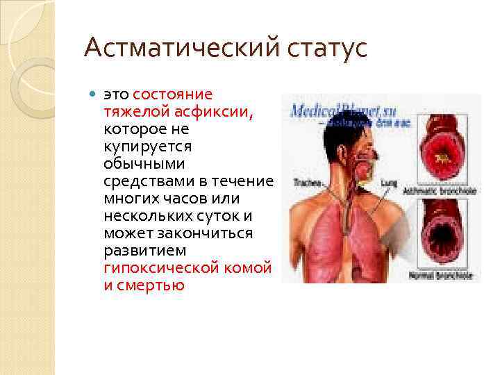 Астматический статус это состояние тяжелой асфиксии, которое не купируется обычными средствами в течение многих