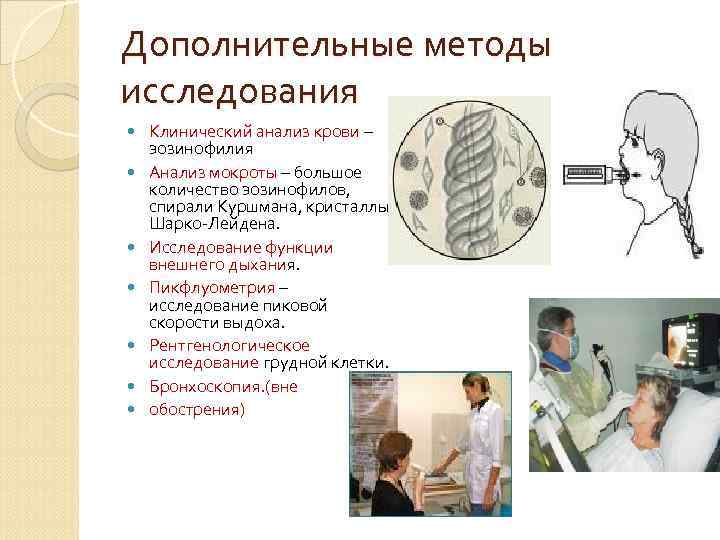 Дополнительные методы исследования Клинический анализ крови – эозинофилия Анализ мокроты – большое количество эозинофилов,