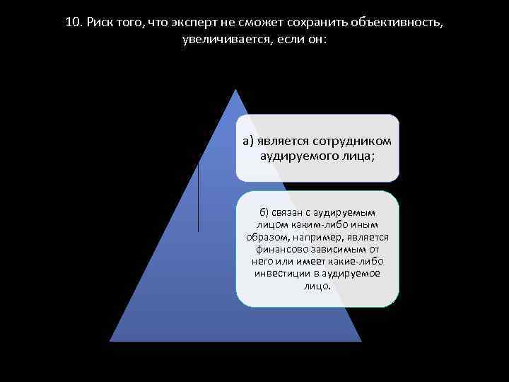 10. Риск того, что эксперт не сможет сохранить объективность, увеличивается, если он: а) является