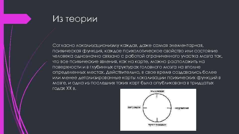 Из теории Согласно локализационизму каждая, даже самая элементарная, психическая функция, каждое психологическое свойство или