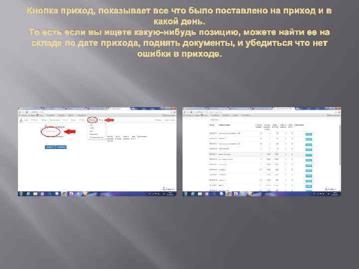 Кнопка приход, показывает все что было поставлено на приход и в какой день. То