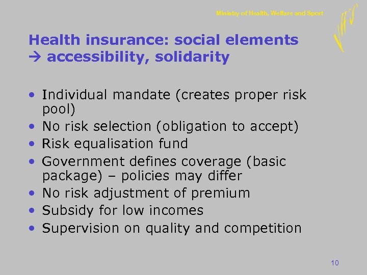 Ministry of Health, Welfare and Sport Health insurance: social elements accessibility, solidarity • Individual