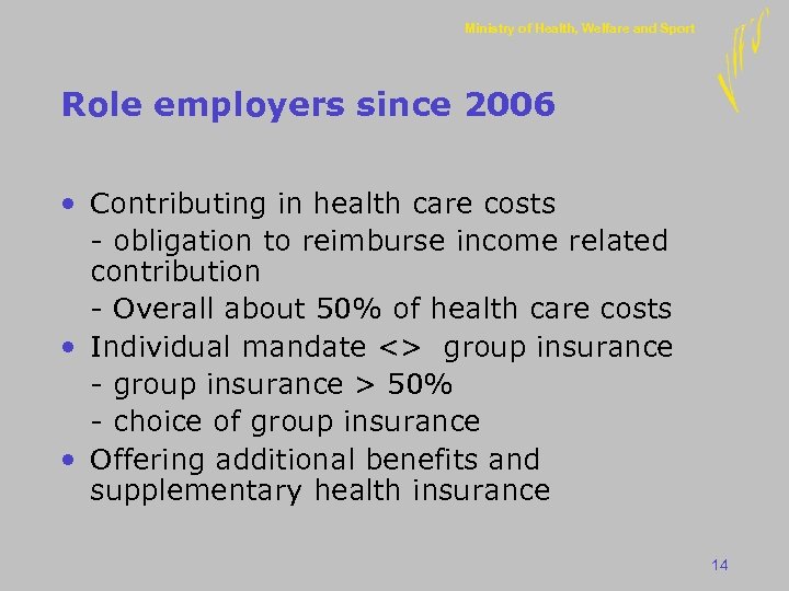 Ministry of Health, Welfare and Sport Role employers since 2006 • Contributing in health