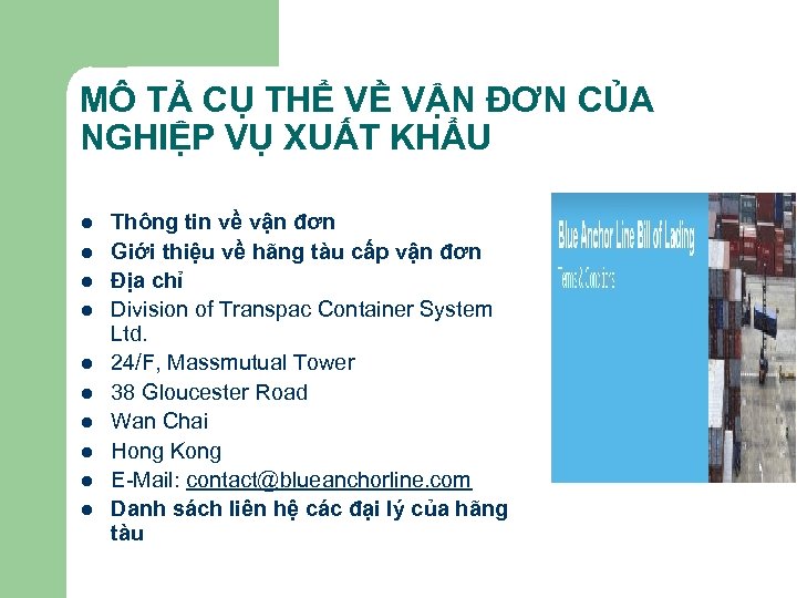 MÔ TẢ CỤ THỂ VỀ VẬN ĐƠN CỦA NGHIỆP VỤ XUẤT KHẨU l l