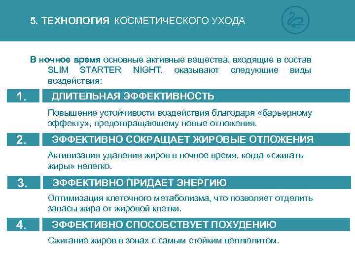 5. ТЕХНОЛОГИЯ КОСМЕТИЧЕСКОГО УХОДА В ночное время основные активные вещества, входящие в состав SLIM