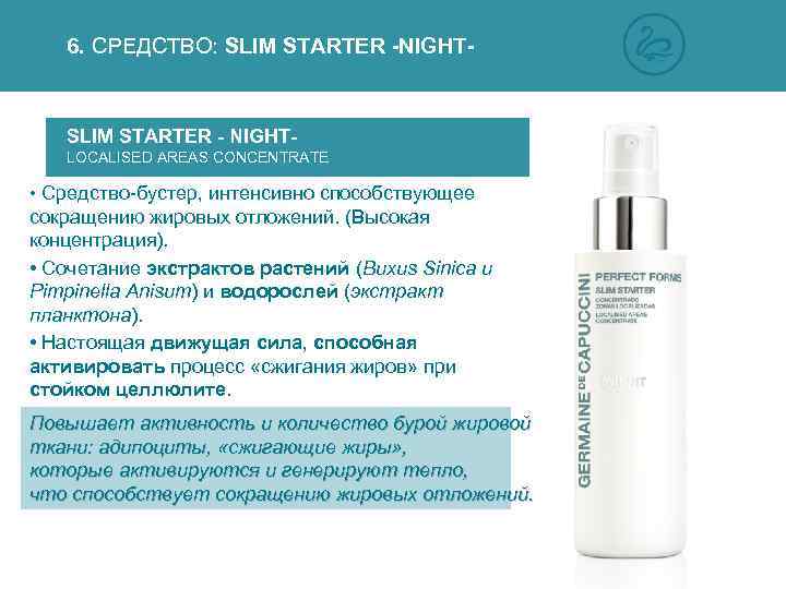 6. СРЕДСТВО: SLIM STARTER -NIGHT- SLIM STARTER - NIGHTLOCALISED AREAS CONCENTRATE • Средство-бустер, интенсивно