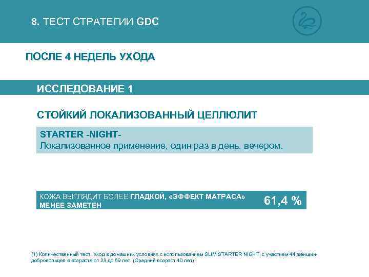 8. ТЕСТ СТРАТЕГИИ GDC ПОСЛЕ 4 НЕДЕЛЬ УХОДА ИССЛЕДОВАНИЕ 1 СТОЙКИЙ ЛОКАЛИЗОВАННЫЙ ЦЕЛЛЮЛИТ STARTER