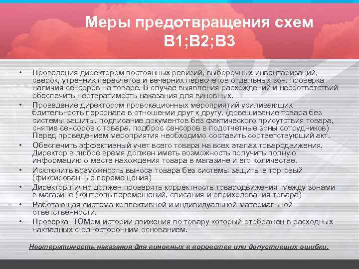 Меры предотвращения схем В 1; В 2; В 3 • • Проведения директором постоянных