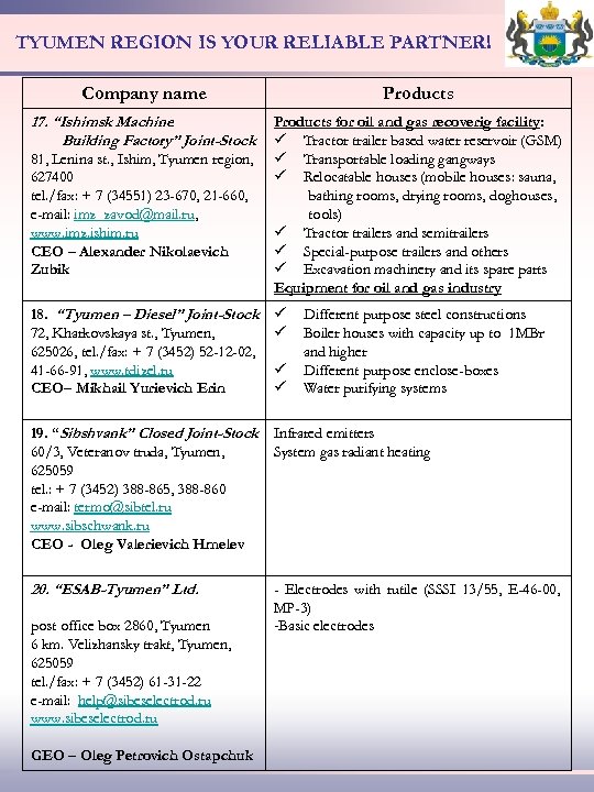 TYUMEN REGION IS YOUR RELIABLE PARTNER! Company name Products 17. “Ishimsk Machine Building Factory”