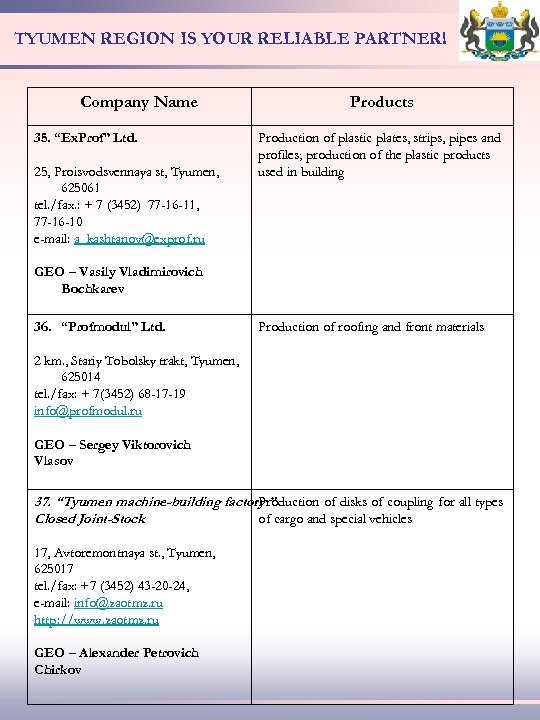 TYUMEN REGION IS YOUR RELIABLE PARTNER! Company Name 35. “Ex. Prof” Ltd. 25, Proisvodsvennaya