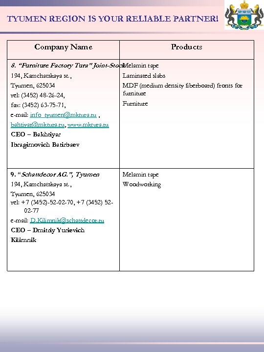 TYUMEN REGION IS YOUR RELIABLE PARTNER! Company Name Products 8. “Furniture Factory Tura” Joint-Stock
