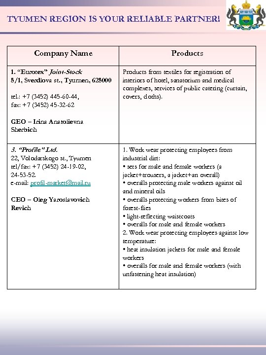 TYUMEN REGION IS YOUR RELIABLE PARTNER! Company Name 1. “Eurotex” Joint-Stock 5/1, Sverdlova st.