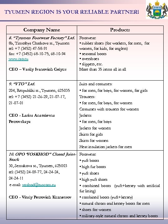 TYUMEN REGION IS YOUR RELIABLE PARTNER! Company Name Products 8. “Tyumen Footwear Factory” Ltd.