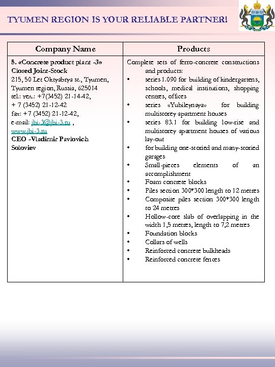 TYUMEN REGION IS YOUR RELIABLE PARTNER! Company Name 5. «Concrete product plant -3» Closed