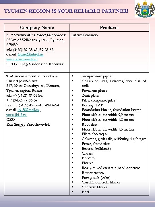 TYUMEN REGION IS YOUR RELIABLE PARTNER! Company Name Products 8. “Sibshvank” Closed Joint-Stock 6