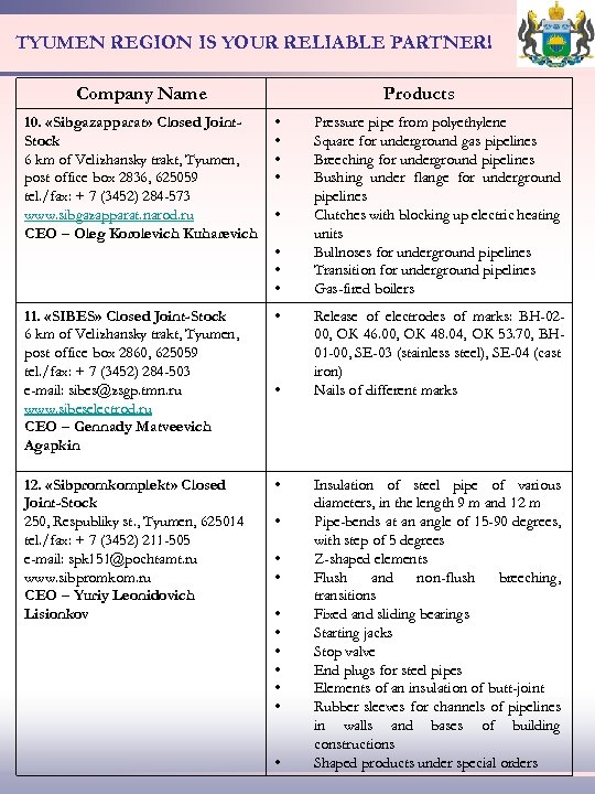 TYUMEN REGION IS YOUR RELIABLE PARTNER! Company Name 10. «Sibgazapparat» Closed Joint. Stock 6