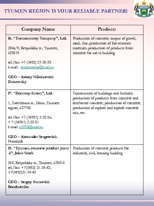 TYUMEN REGION IS YOUR RELIABLE PARTNER! Company Name 16. “Tsementstroy Company”, Ltd. 204 a/9,