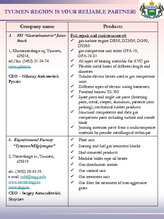 TYUMEN REGION IS YOUR RELIABLE PARTNER! Company name 3. Products PII “Gazturboservis” Joint- Full