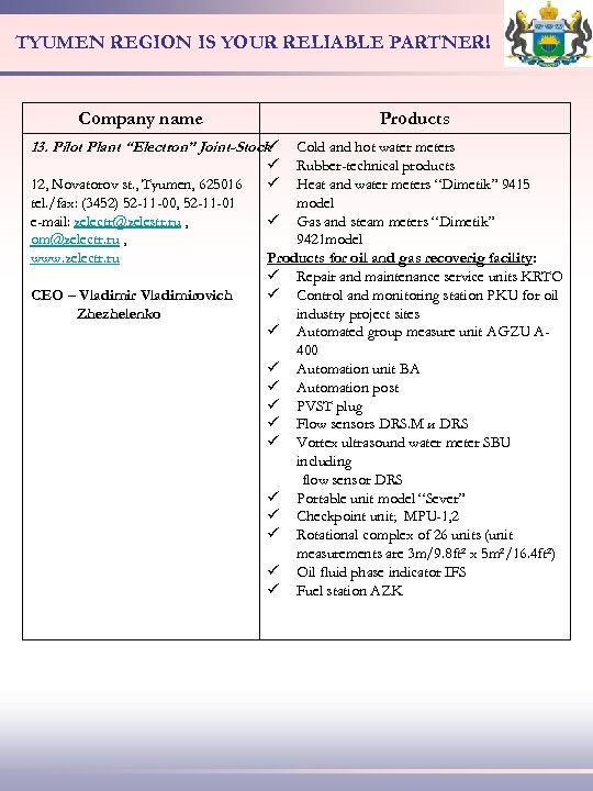 TYUMEN REGION IS YOUR RELIABLE PARTNER! Company name Products 13. Pilot Plant “Electron” Joint-Stock