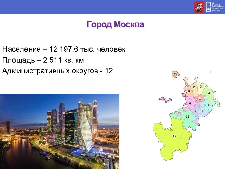 Город Москва Население – 12 197, 6 тыс. человек Площадь – 2 511 кв.