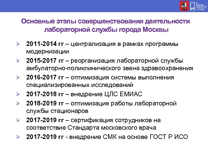 Основные этапы совершенствования деятельности лабораторной службы города Москвы Ø Ø Ø Ø 2011 -2014