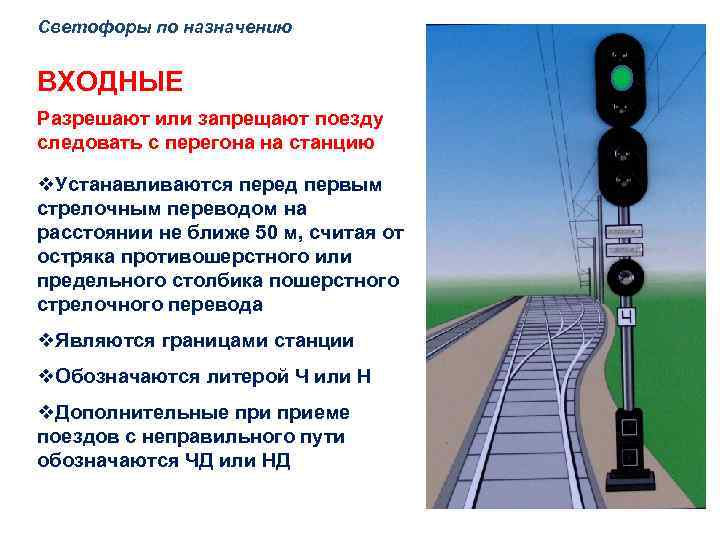Светофоры по назначению ВХОДНЫЕ Разрешают или запрещают поезду следовать с перегона на станцию v.