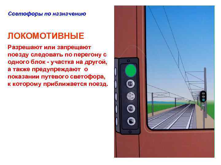 Светофоры по назначению ЛОКОМОТИВНЫЕ Разрешают или запрещают поезду следовать по перегону с одного блок