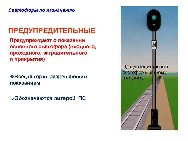 Светофоры по назначению ПРЕДУПРЕДИТЕЛЬНЫЕ Предупреждают о показании основного светофора (входного, проходного, заградительного и прикрытия)
