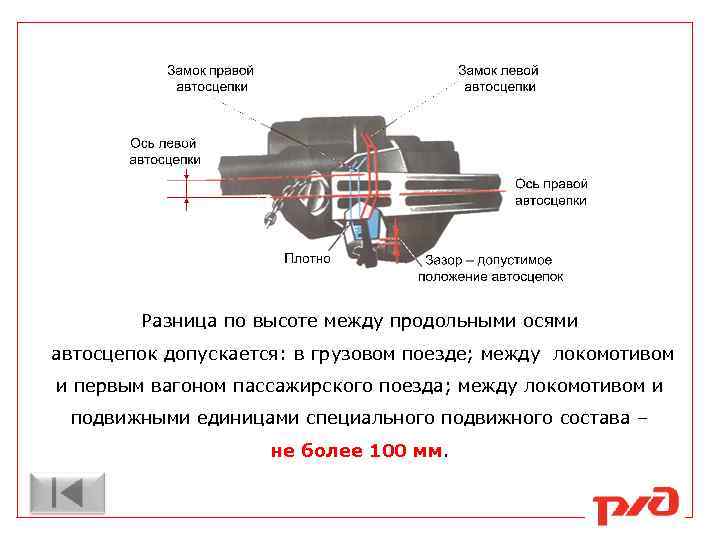 Разница по высоте между продольными осями автосцепок допускается: в грузовом поезде; между локомотивом и