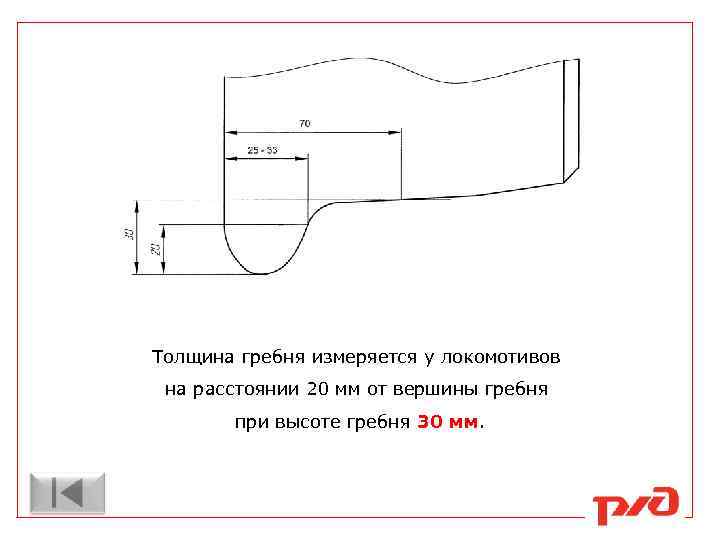 Толщина гребня измеряется у локомотивов на расстоянии 20 мм от вершины гребня при высоте