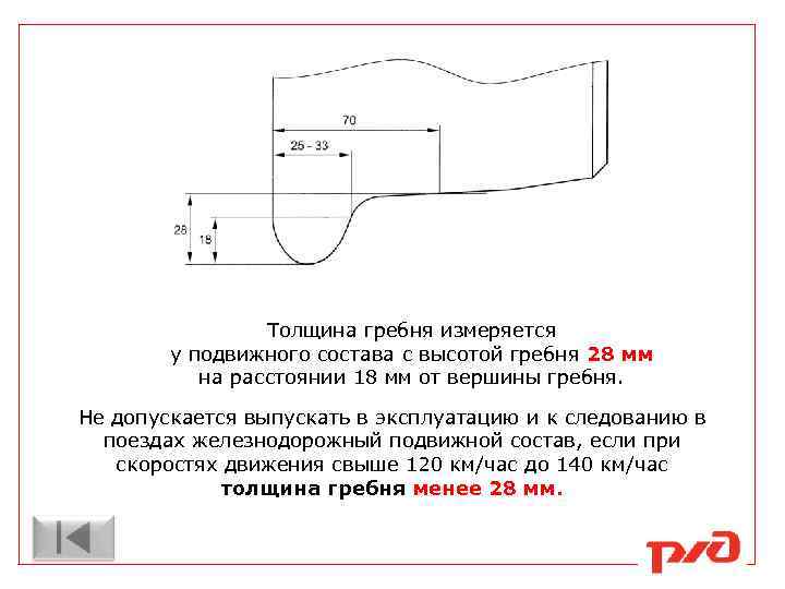 Толщина гребня измеряется у подвижного состава с высотой гребня 28 мм на расстоянии 18