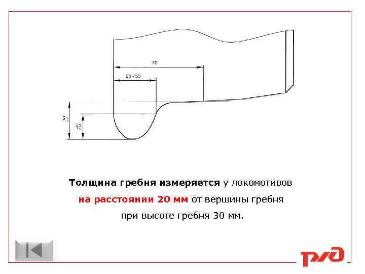 Толщина гребня измеряется у локомотивов на расстоянии 20 мм от вершины гребня при высоте