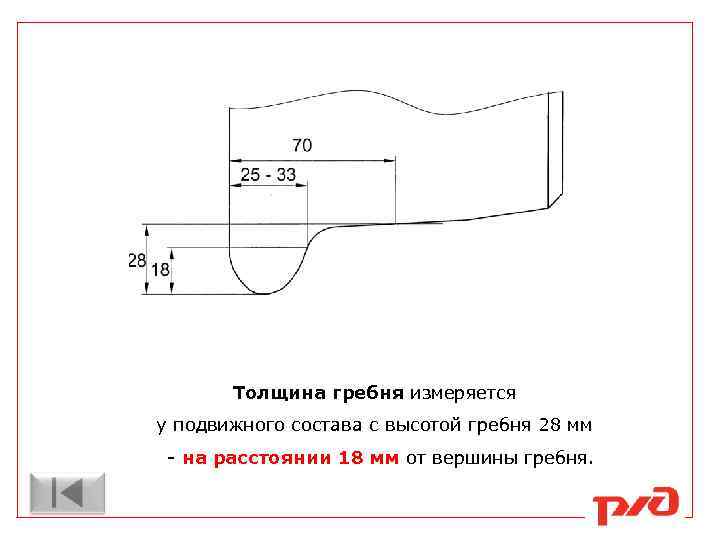 Толщина гребня измеряется у подвижного состава с высотой гребня 28 мм - на расстоянии